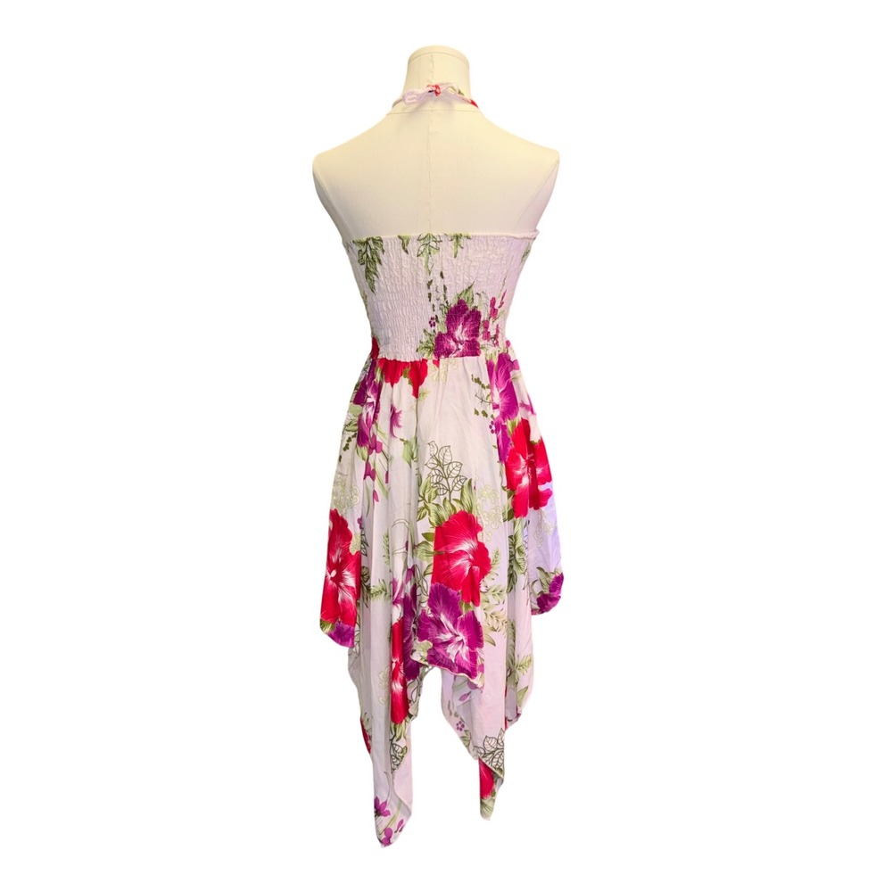 Tropical Floral Smocked Handkerchief Hem Halter Dress Boho Fairycore Pink White - Picture 2 of 7